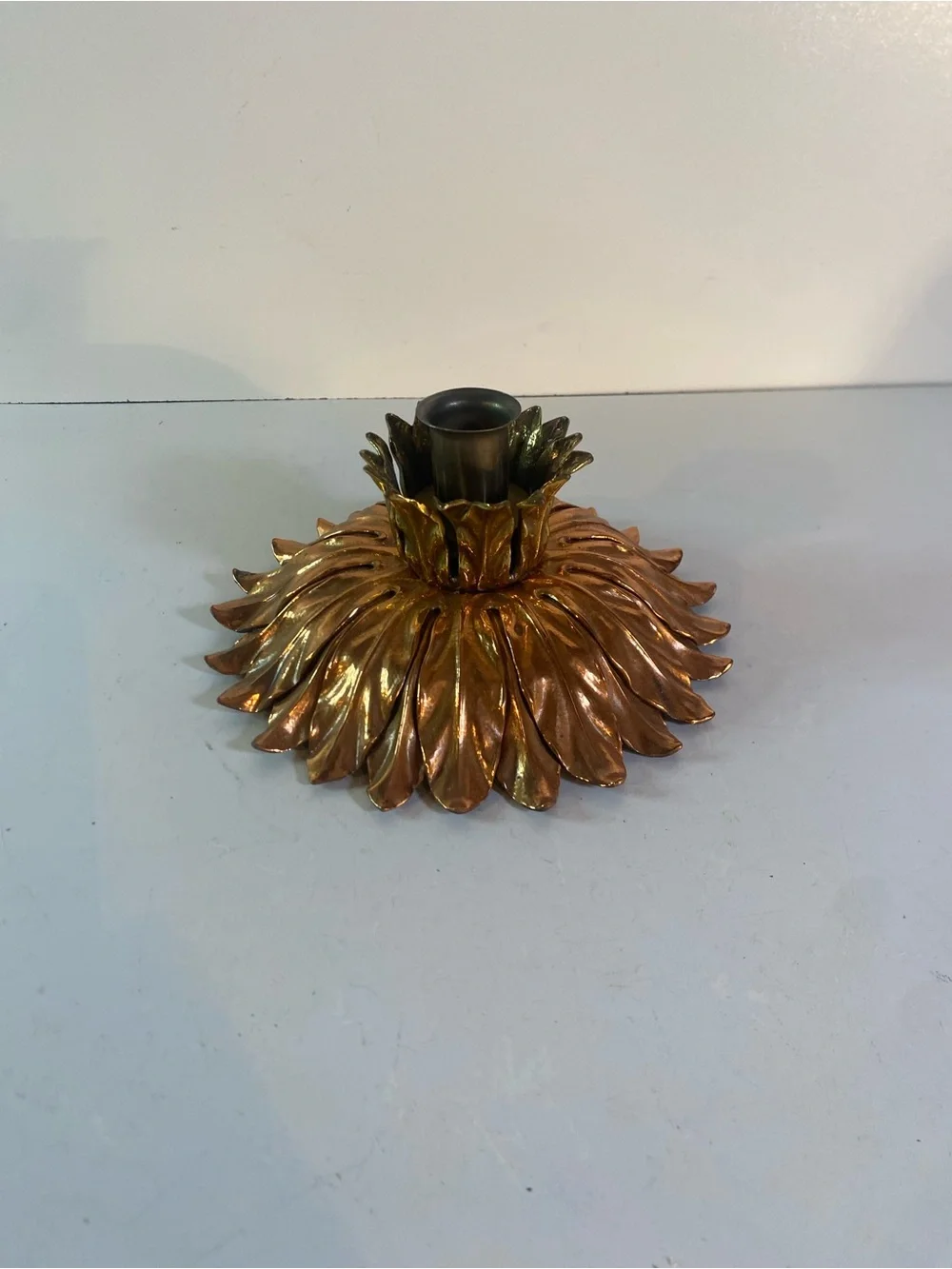 Vintage Heavy Brass Leaf Taper Candle Holder 6.5” Diameter